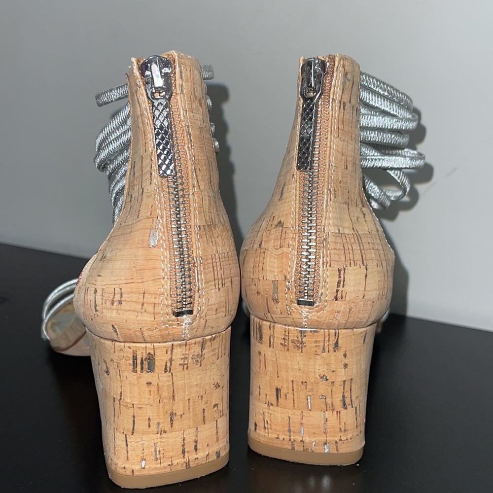 Donald J. Pliner Silver Strappy Cork Block Heel Sandals - Picture 4 of 11